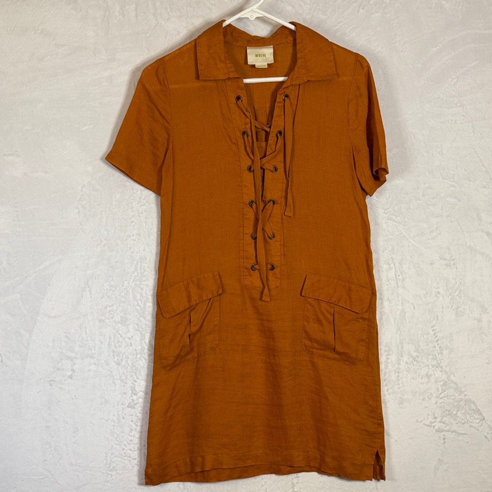Maeve Terra cotta Lace-Up Mini Linen Dress